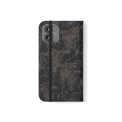 Botanical Noir Flip Phone Case — Dark Floral Wallet Cover with Card Slots