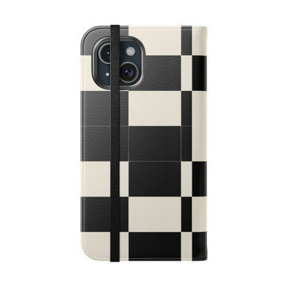 Checkered Flip Phone Case – Black & Cream Retro Grid Wallet Case