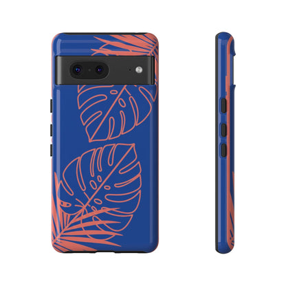 Tropical Monstera Phone Case — Blue & Coral Leaf Protective Cover