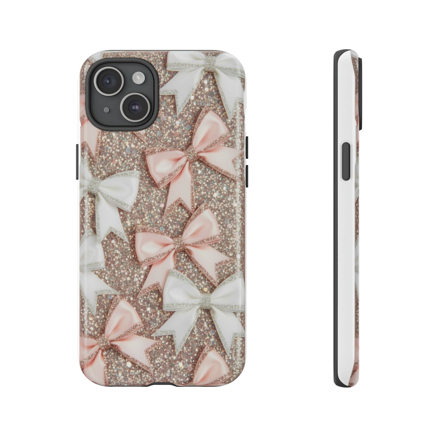 Glitter Bow Tough Phone Case — Pink & White Ribbon Protective Cover