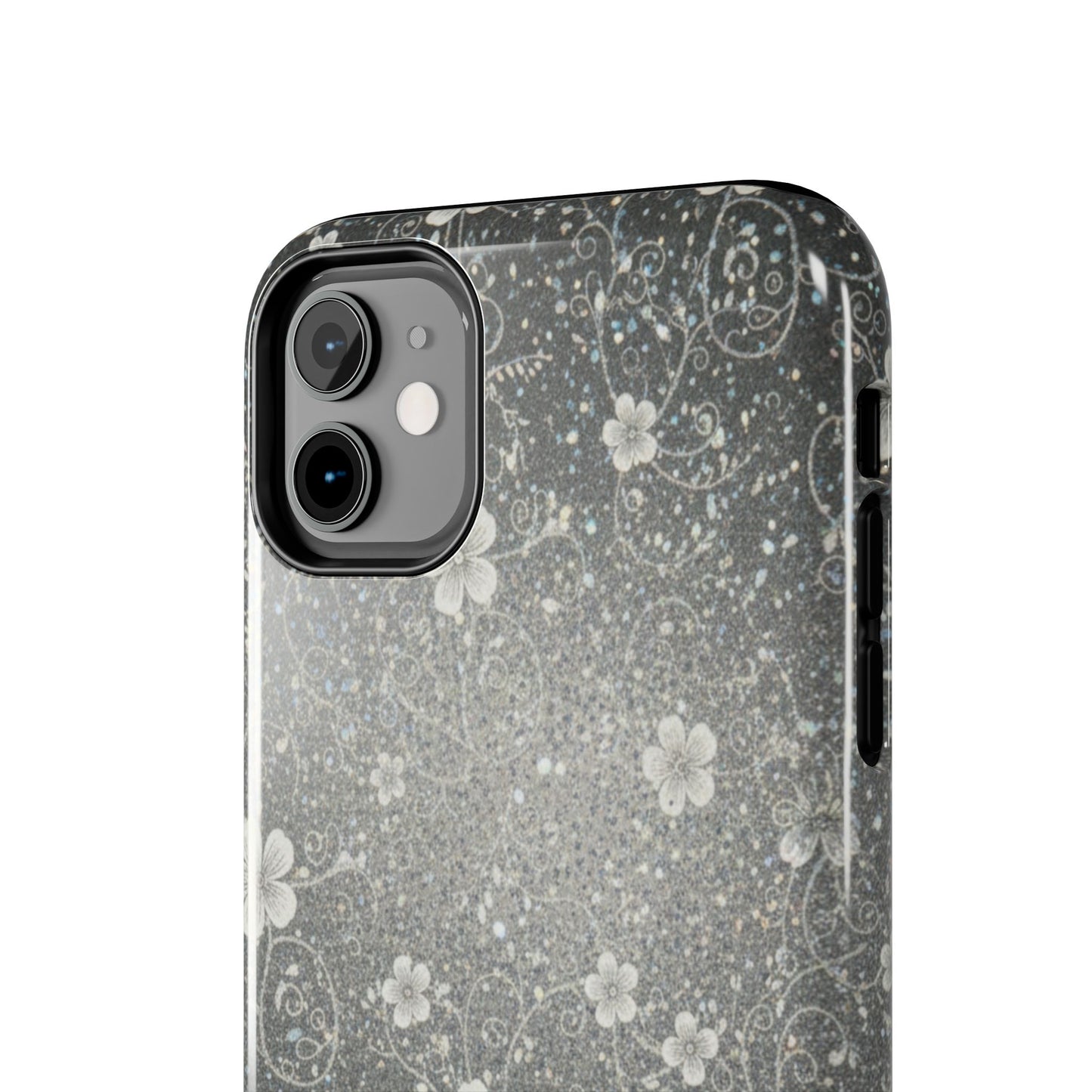 Floral Sparkle Tough Phone Case — Black & Silver Vintage Blossom