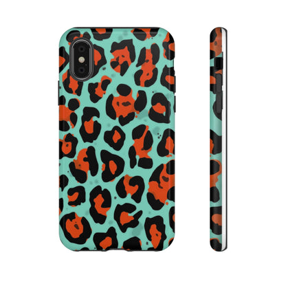 Leopard Print Tough Phone Case — Teal & Rust Protective iPhone Cover