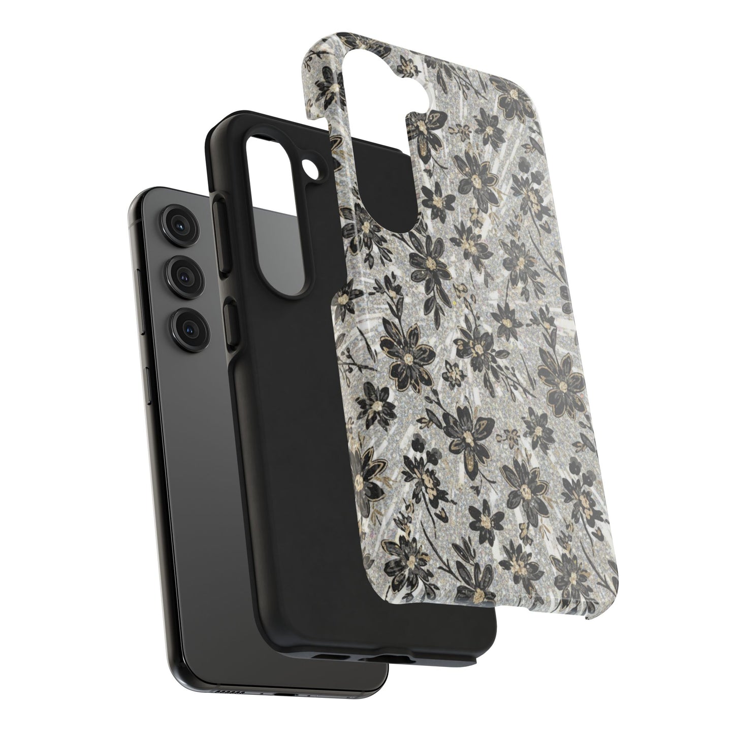 Floral Vintage Tough Phone Case — Black & Gray Rustic Flower Protective Case