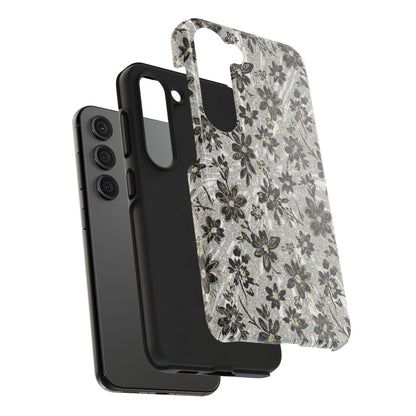 Floral Vintage Tough Phone Case — Black & Gray Rustic Flower Protective Case