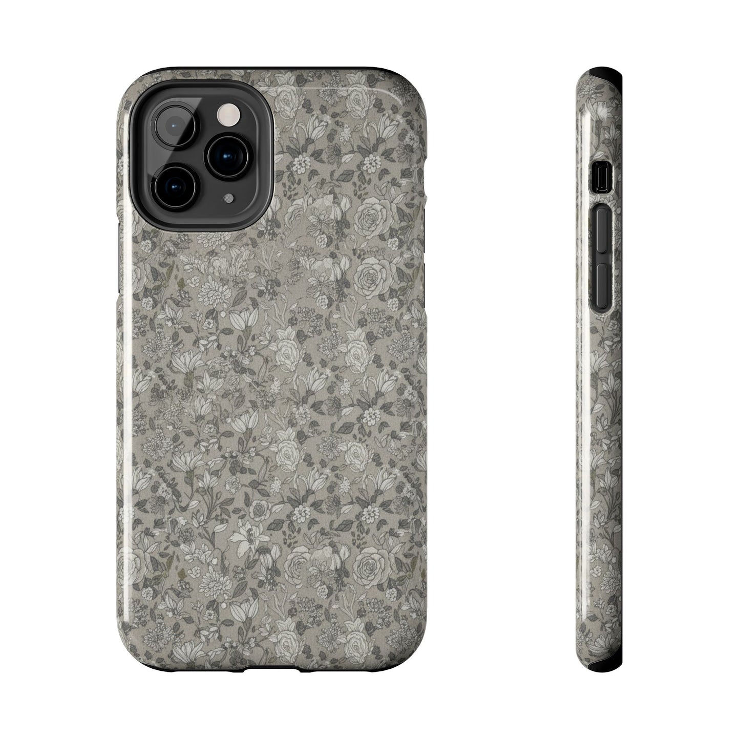 Gray Floral Tough Phone Case — Durable Protective Phone Cover with Vintage Botanical Pattern