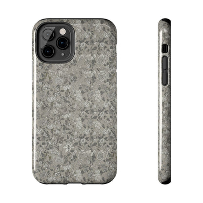 Gray Floral Tough Phone Case — Durable Protective Phone Cover with Vintage Botanical Pattern