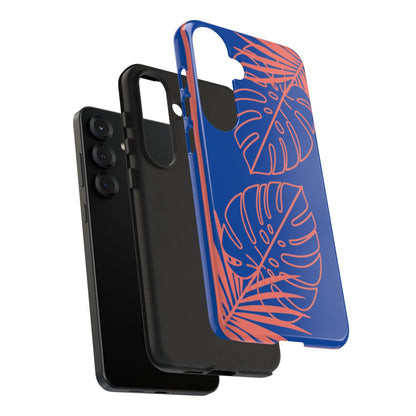 Tropical Monstera Phone Case — Blue & Coral Leaf Protective Cover