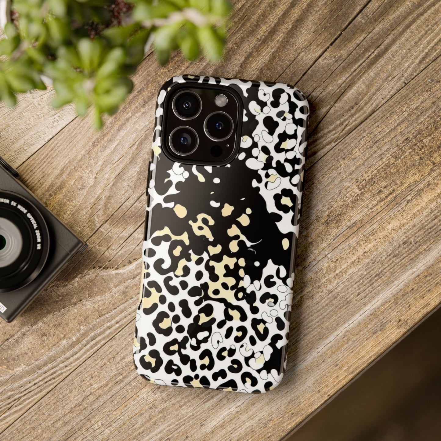 Leopard Splash Tough Phone Case — Black & Cream Animal Print Protective Cover