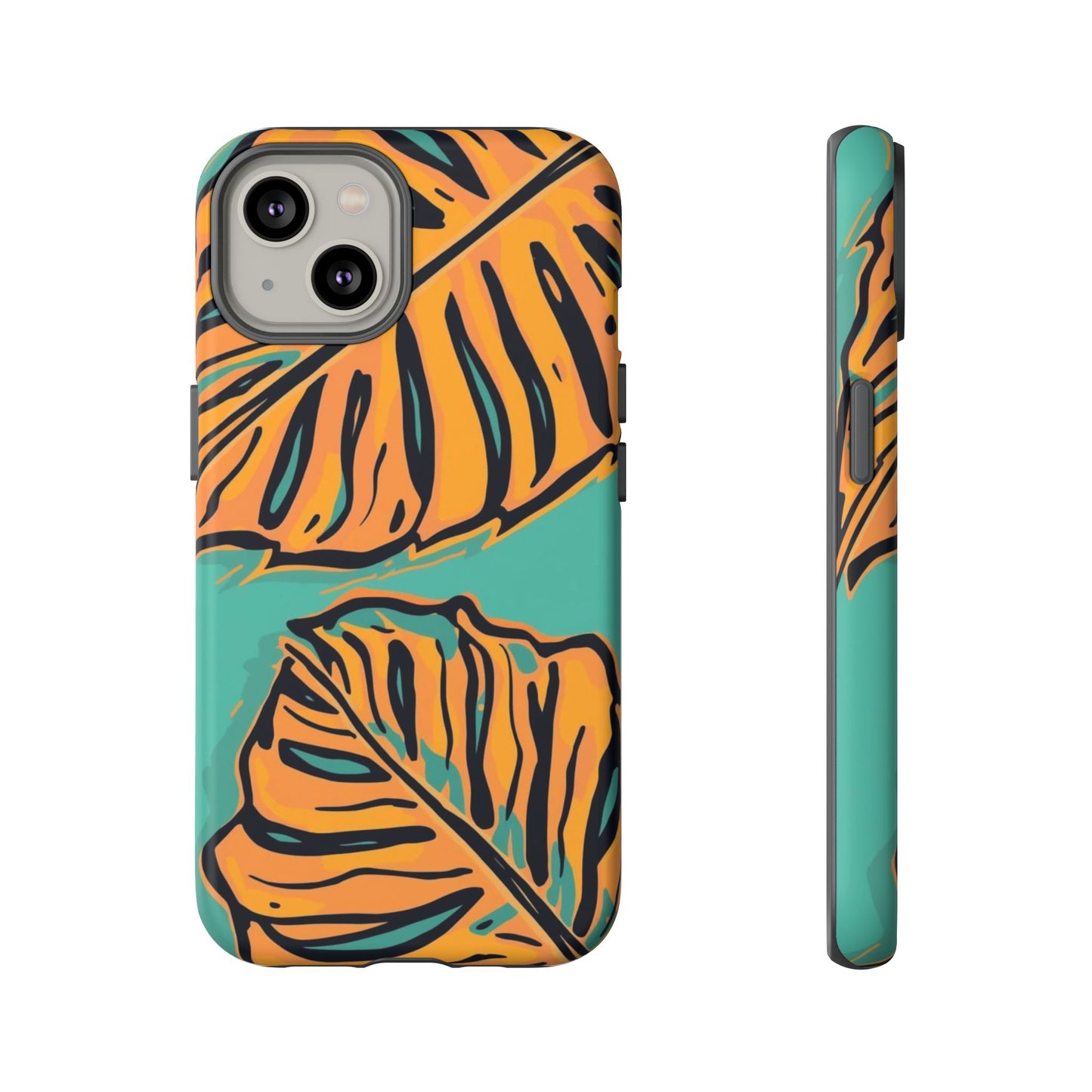Tropical Leaf Tough Phone Case — Orange Monstera Design on Teal