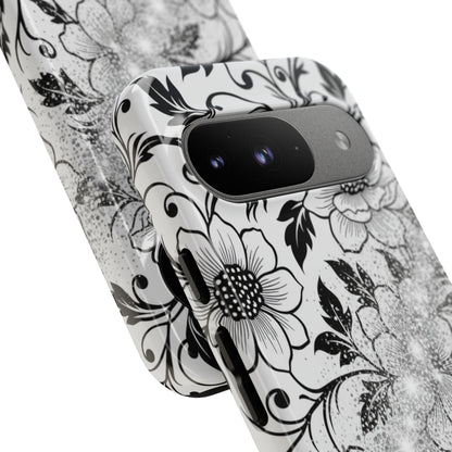 Floral Lace Phone Case — Black & White Vintage Flower Protective Case