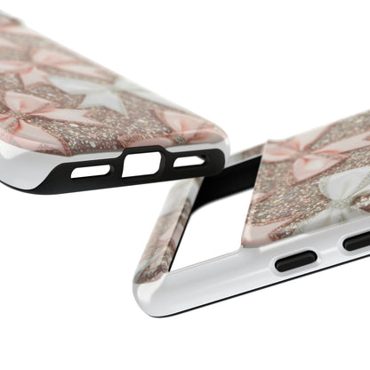 Glitter Bow Tough Phone Case — Pink & White Ribbon Protective Cover