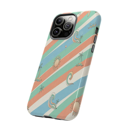 Retro Beach Stripes Phone Case — Sun, Waves & Palm Pattern Tough Case
