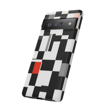 Abstract Geometric Phone Case – Black & White Checker Grid with Red Accent