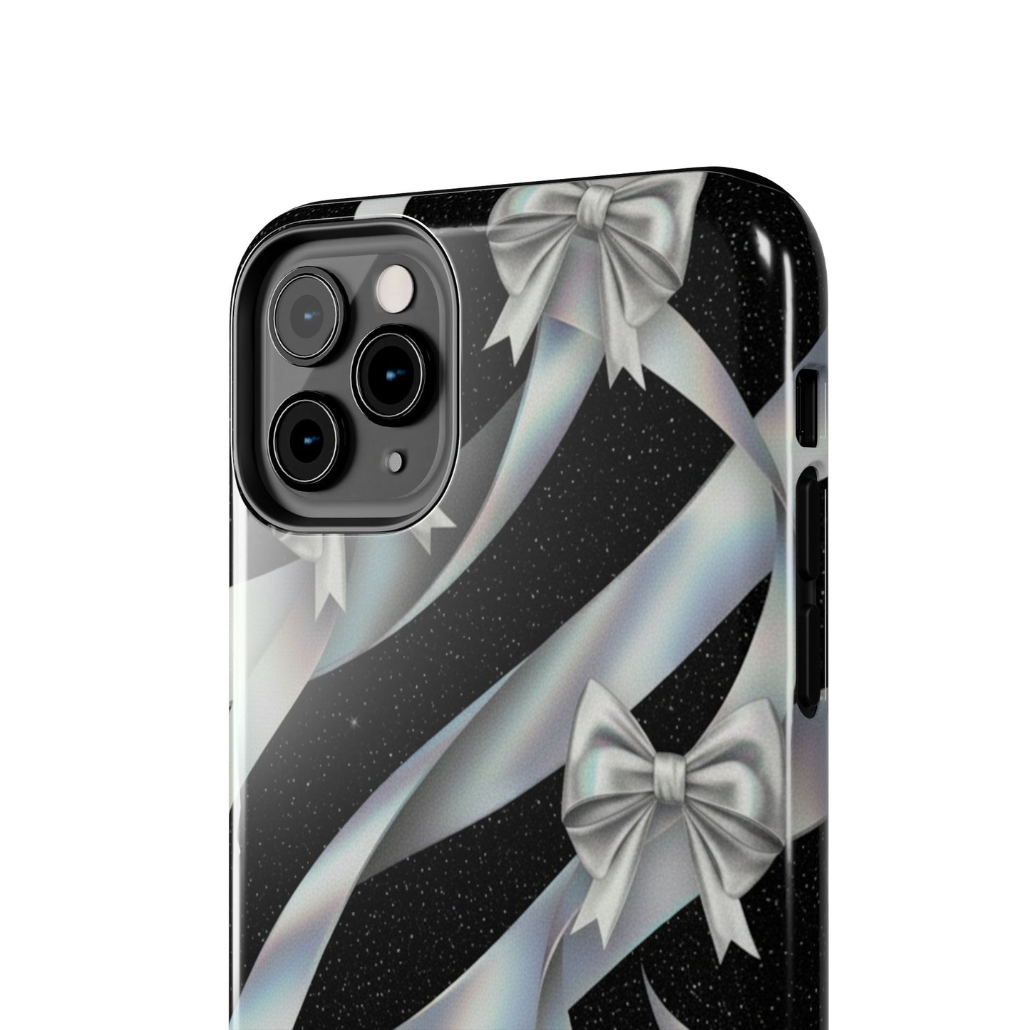 Silver Ribbon Bow Tough Phone Case — Glitter Black Protective Phone Case