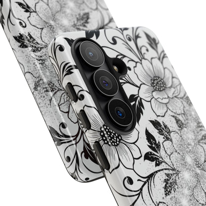 Floral Lace Phone Case — Black & White Vintage Flower Protective Case