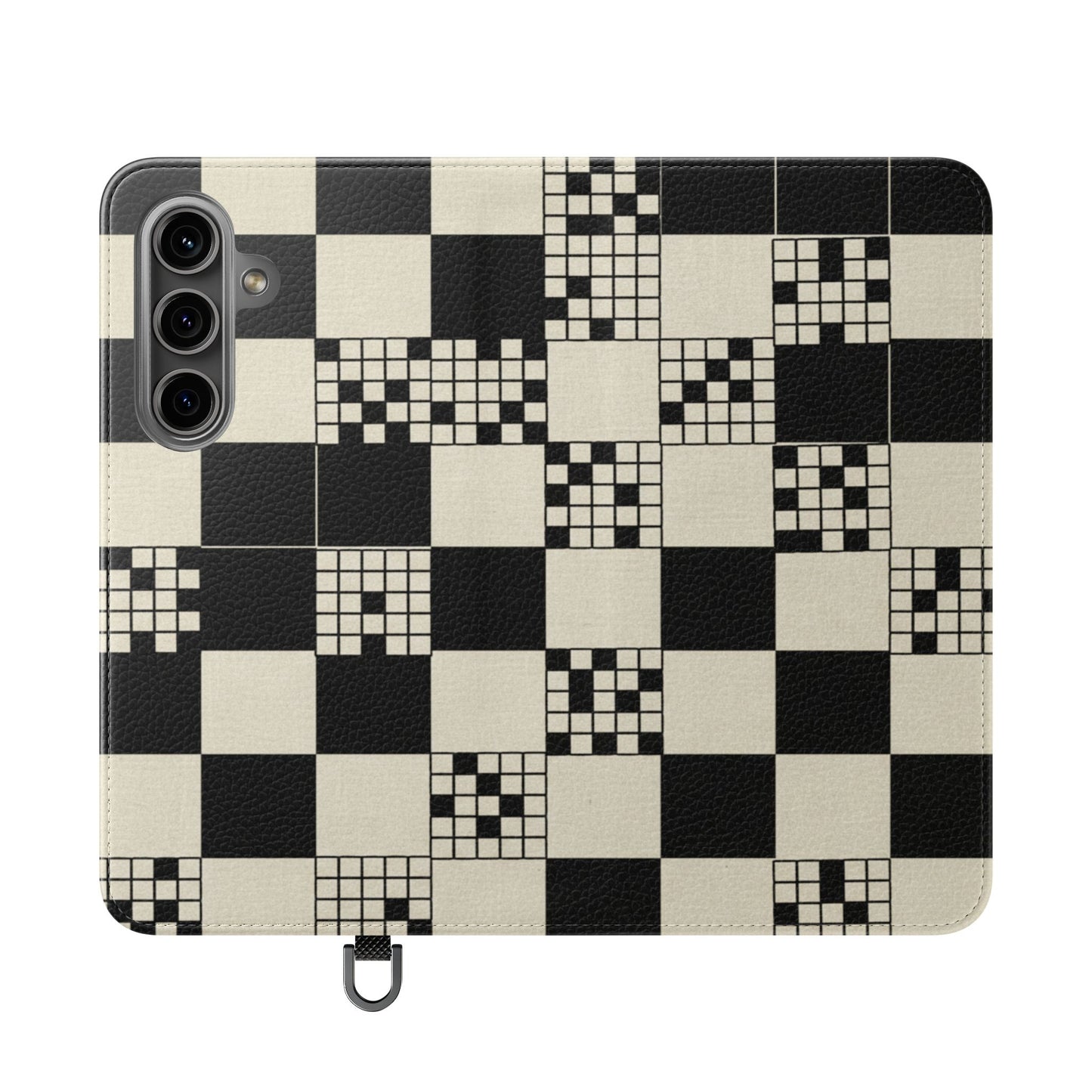 Checkerboard Flip Phone Case – Retro Black & Cream Geometric Wallet Case
