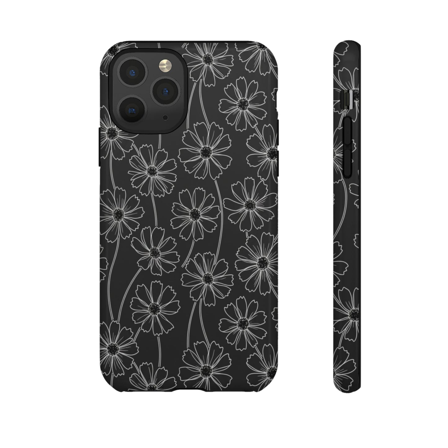 Floral Doodle Tough Phone Case — Black & Gray Daisy Pattern