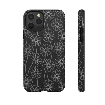 Floral Doodle Tough Phone Case — Black & Gray Daisy Pattern