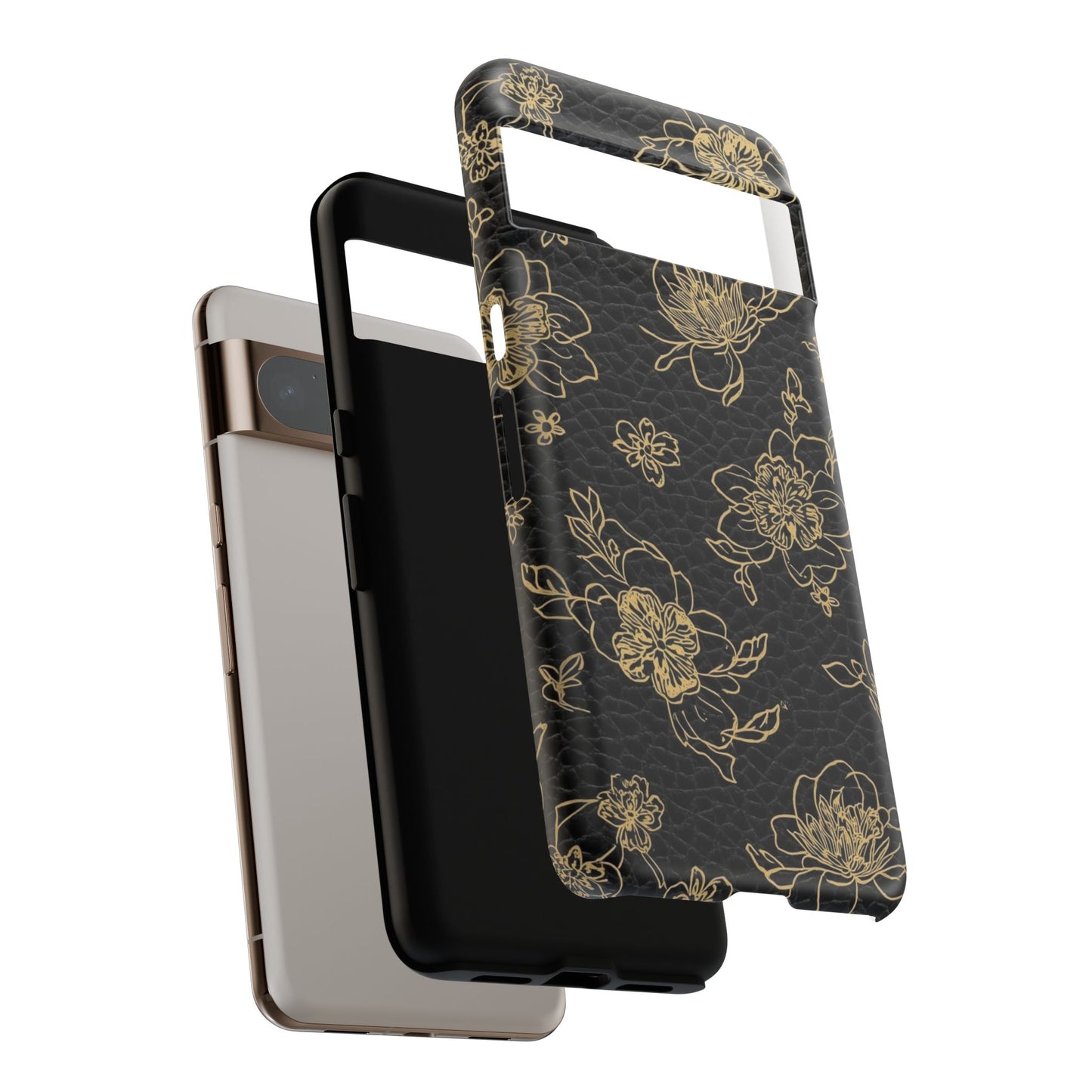 Floral Leather Phone Case — Gold Outline Flowers on Black Tough Case