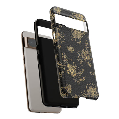 Floral Leather Phone Case — Gold Outline Flowers on Black Tough Case