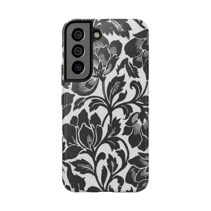 Tough Phone Case — Black & White Vintage Floral Protective Cover