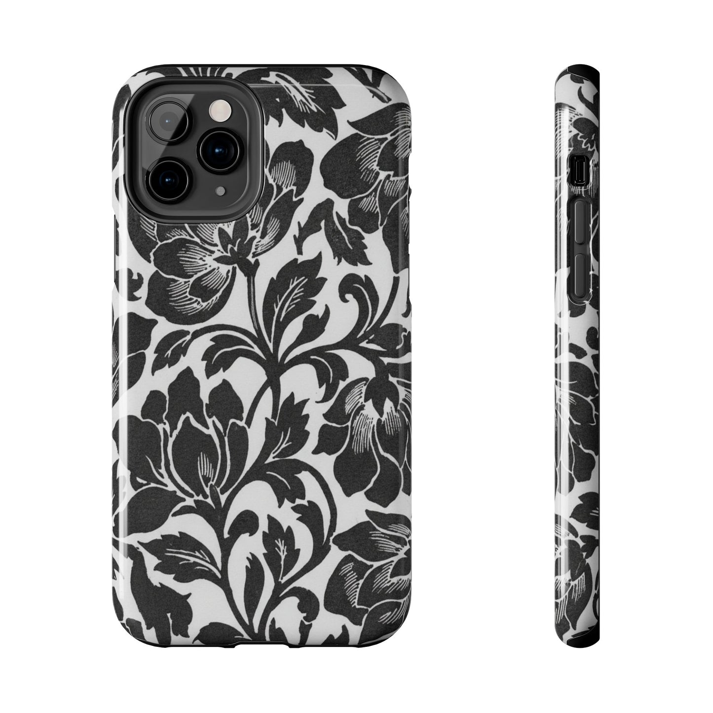 Tough Phone Case — Black & White Vintage Floral Protective Cover