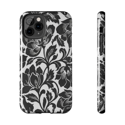 Tough Phone Case — Black & White Vintage Floral Protective Cover