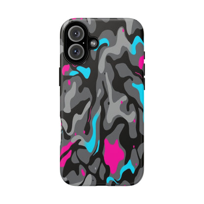 Camouflage Phone Case — Gray Camo with Neon Pink & Cyan Accent Tough Protective Cover