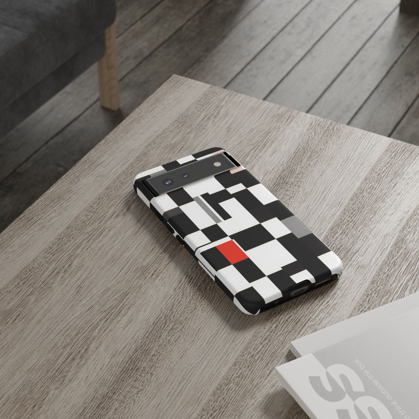 Abstract Geometric Phone Case – Black & White Checker Grid with Red Accent