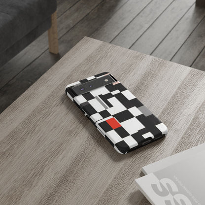 Abstract Geometric Phone Case – Black & White Checker Grid with Red Accent
