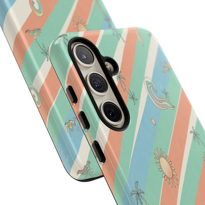 Retro Beach Stripes Phone Case — Sun, Waves & Palm Pattern Tough Case