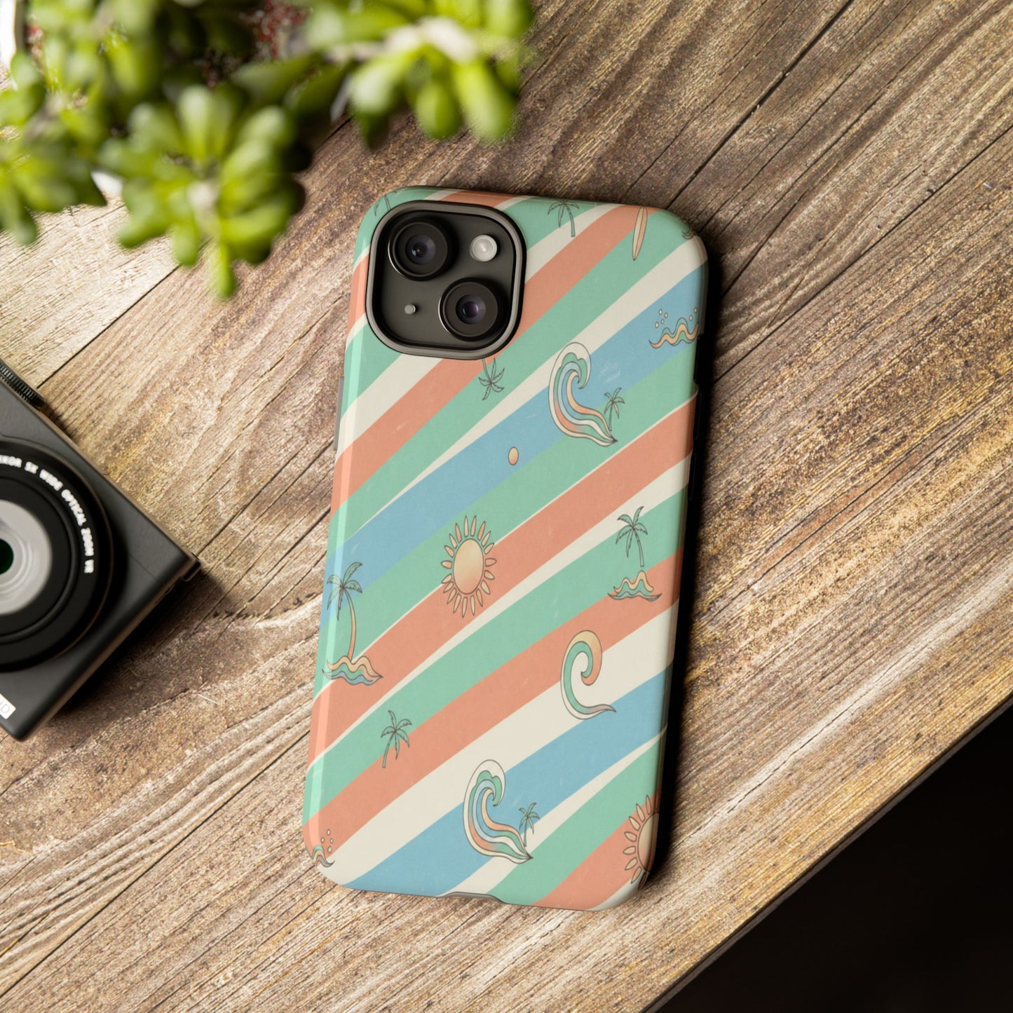 Retro Beach Stripes Phone Case — Sun, Waves & Palm Pattern Tough Case