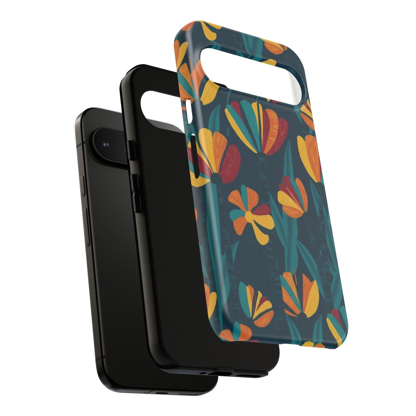 Floral Retro Teal Tough Phone Case — Vibrant Orange & Mustard Blooms
