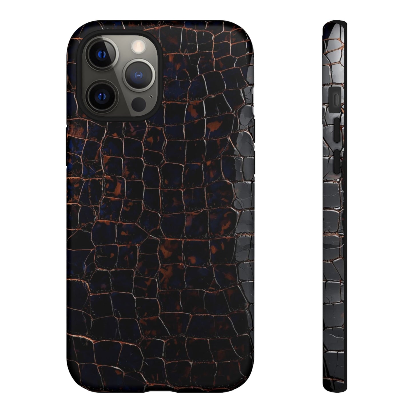 Croc-Embossed Tough Phone Case — Shockproof Black Alligator Texture