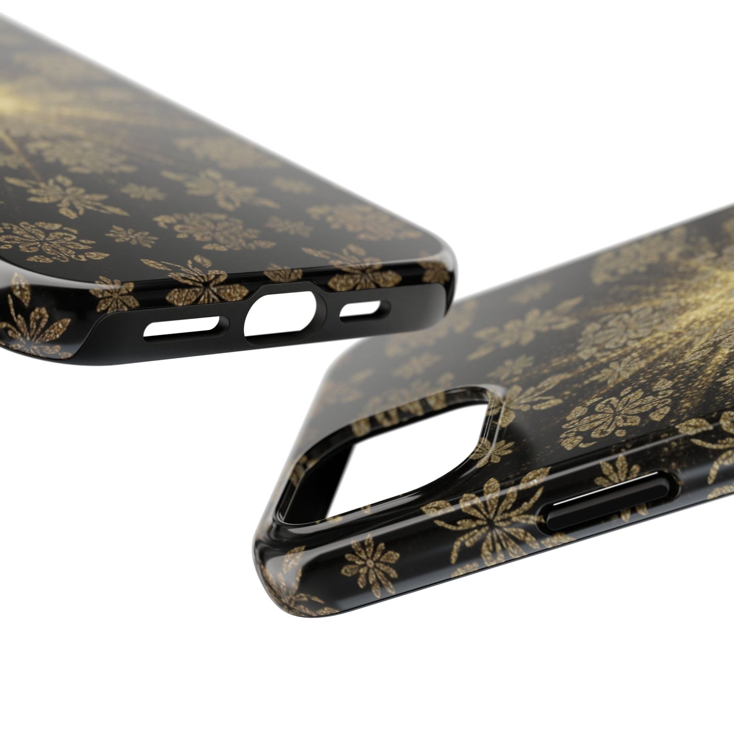 Glitter Burst Tough Phone Case — Black & Gold Floral Protective Cover