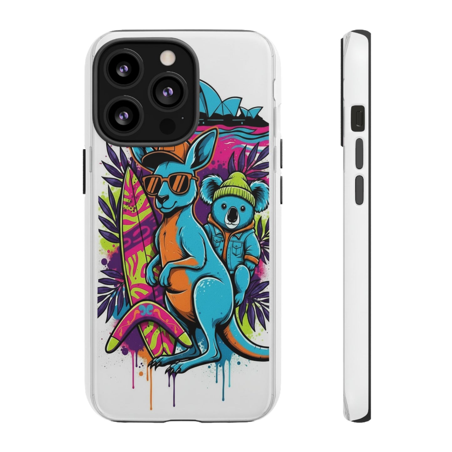 Kangaroo & Koala Surf Phone Case — Retro Neon Beach Art Tough Case