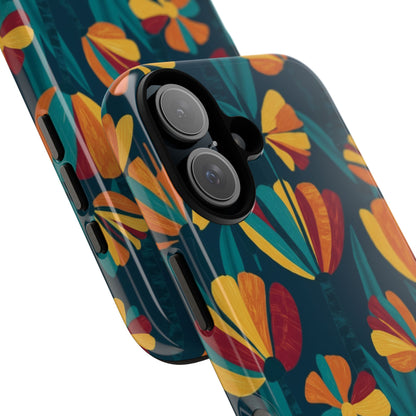 Floral Retro Teal Tough Phone Case — Vibrant Orange & Mustard Blooms