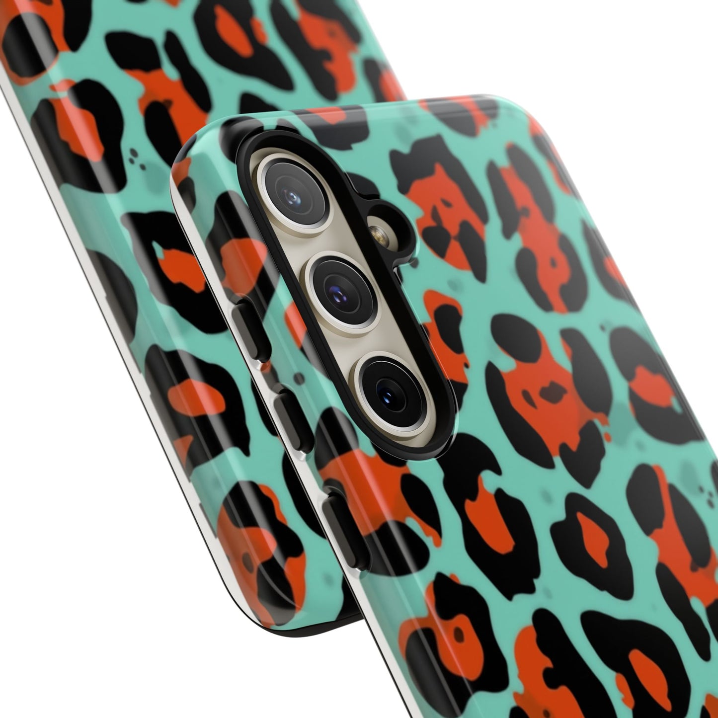 Leopard Print Tough Phone Case — Teal & Rust Protective iPhone Cover