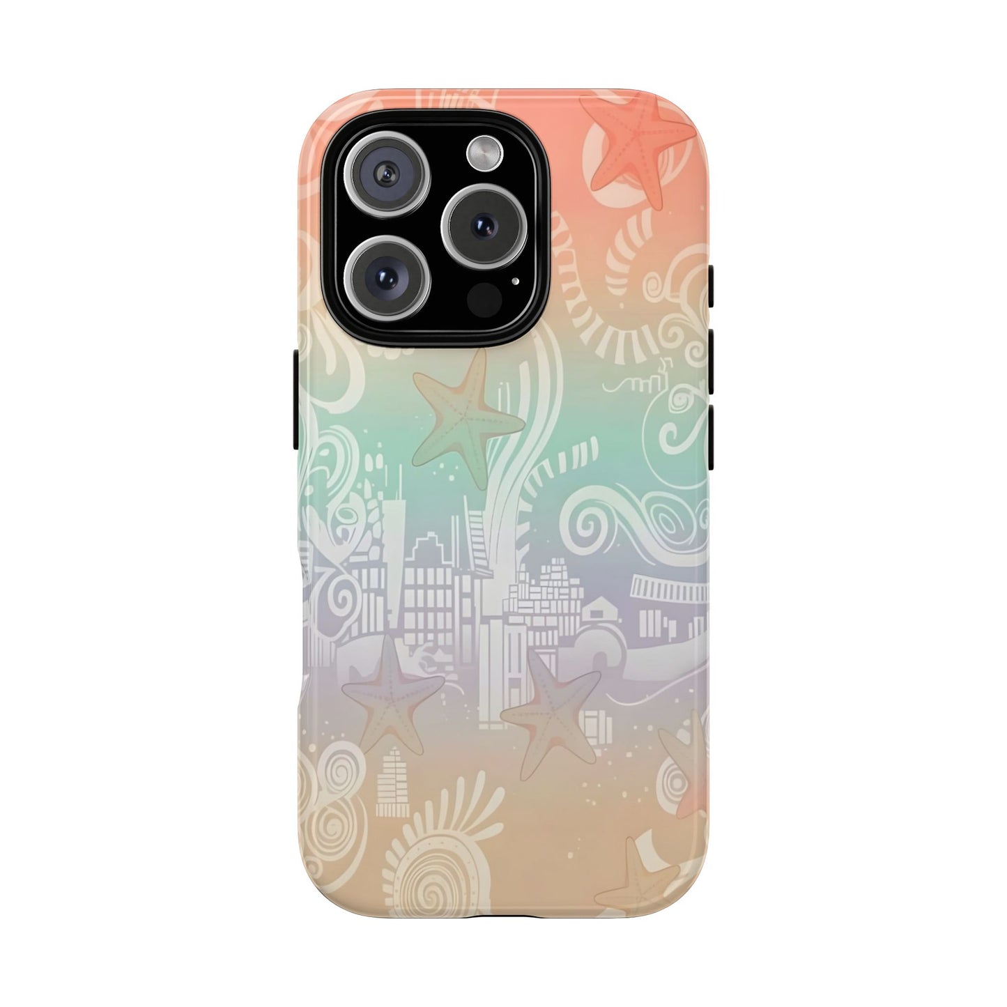 Tough Cases: Pastel Beach Pattern Phone Case — Starfish & Coastal Cityscape Protective Cover