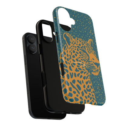 Leopard Print Tough Phone Case — Gold Panther on Teal, Protective iPhone Cover