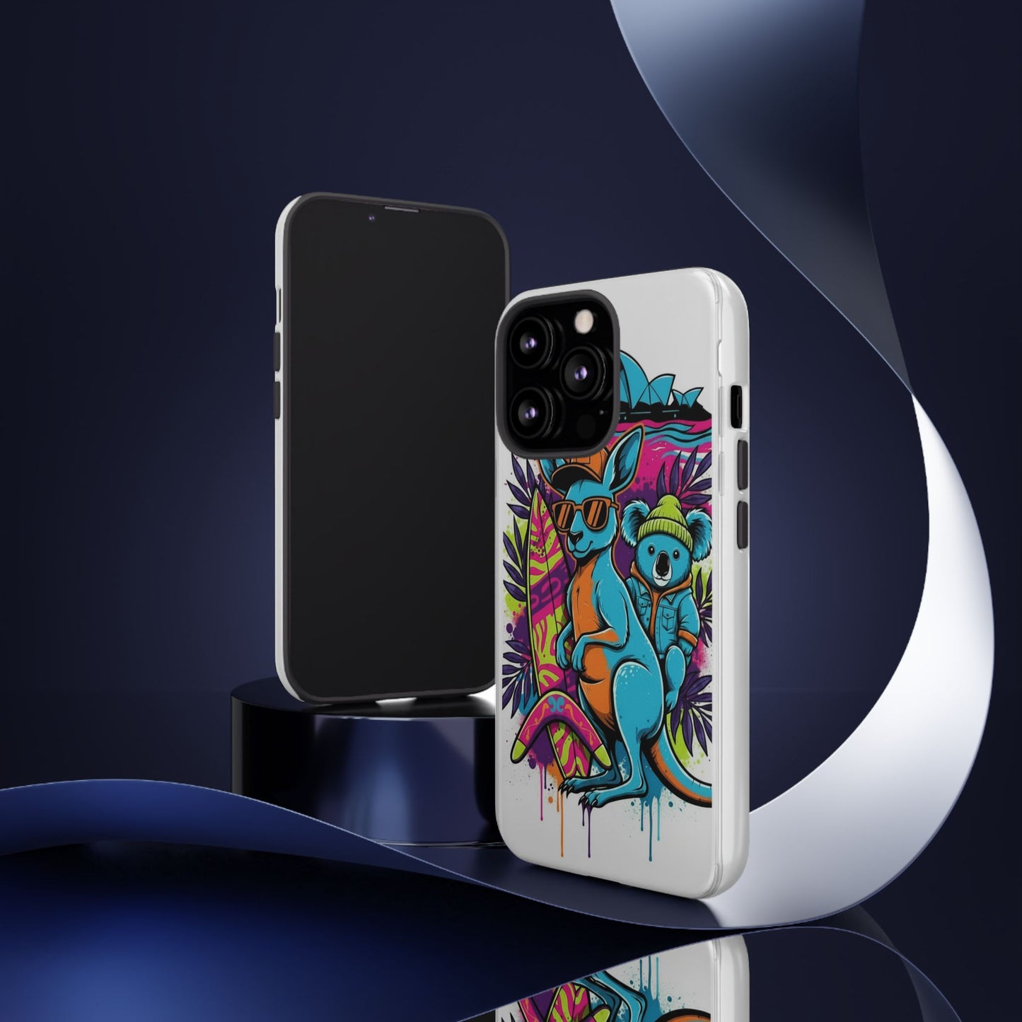 Kangaroo & Koala Surf Phone Case — Retro Neon Beach Art Tough Case