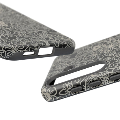 Floral Doodle Tough Phone Case — Black & White Sketch Flower Protective Cover