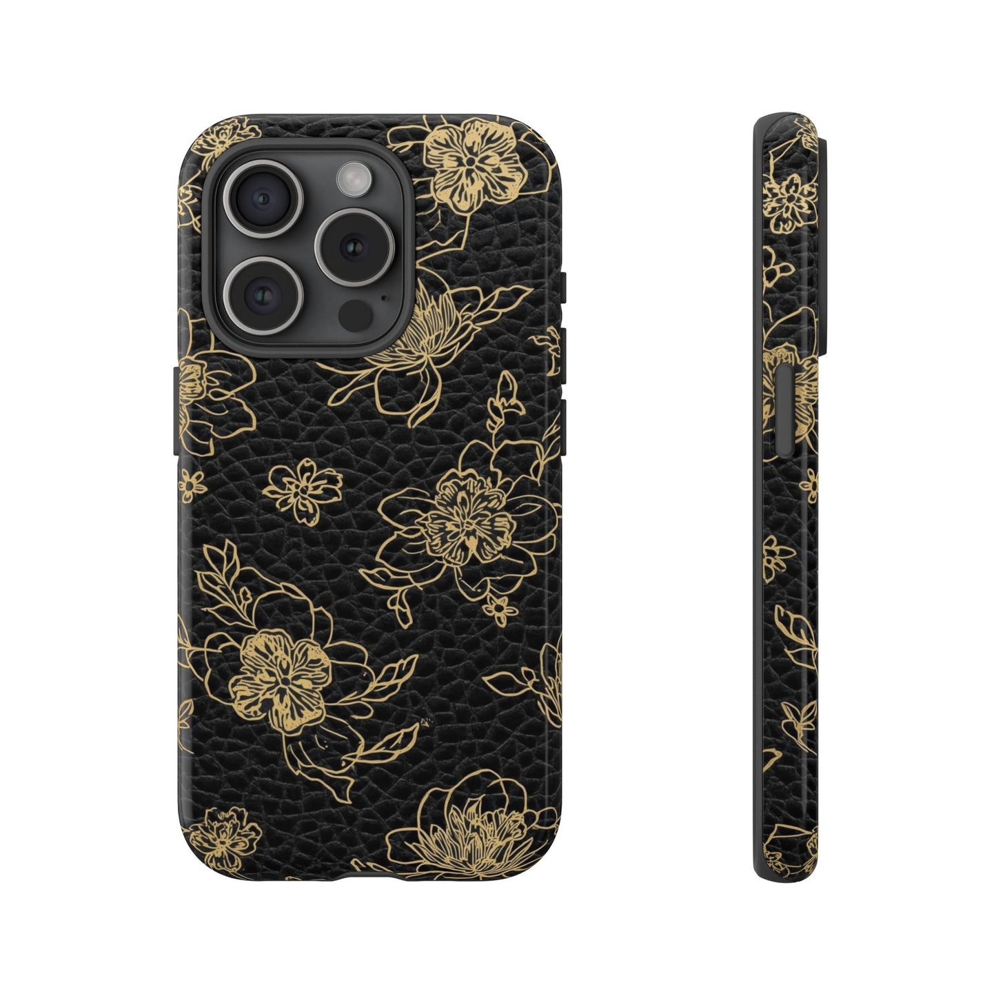 Floral Leather Phone Case — Gold Outline Flowers on Black Tough Case