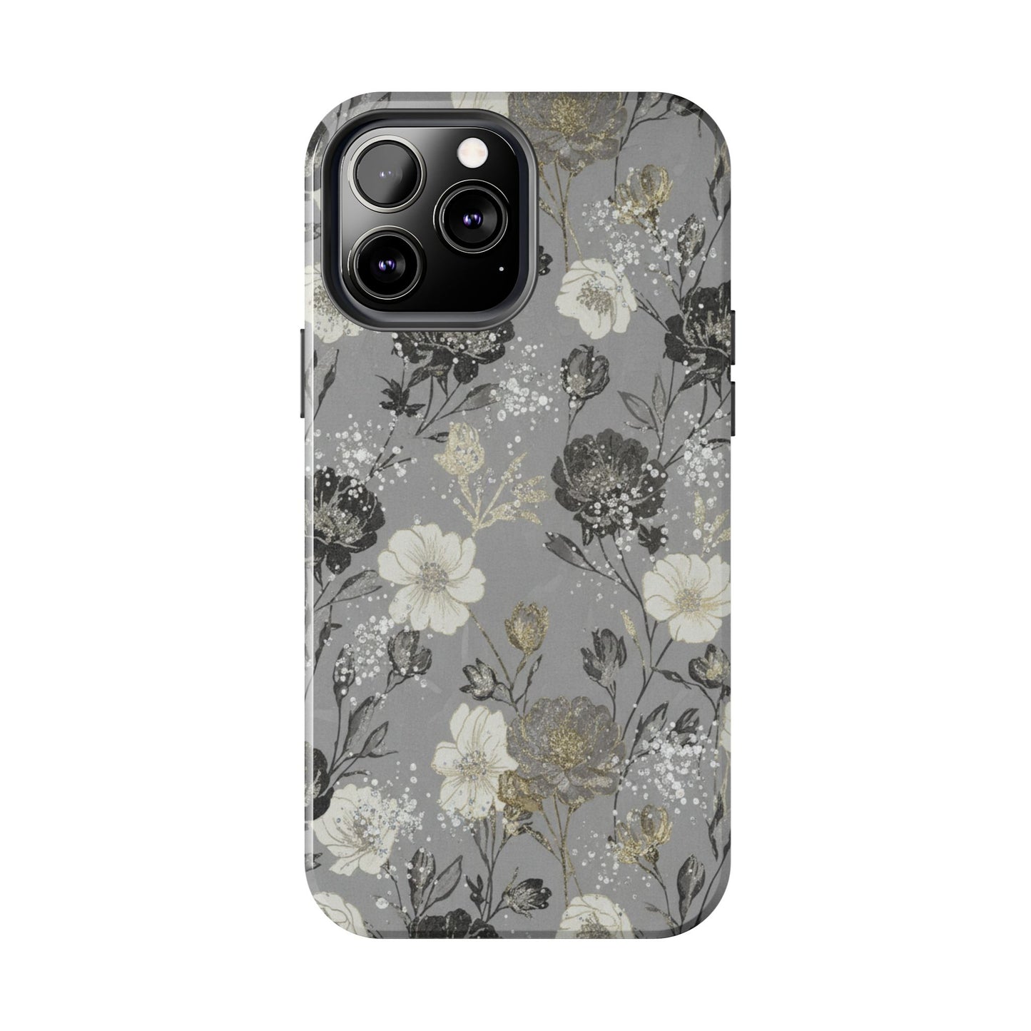 Floral Gray Tough Phone Case — Elegant Protective Phone Cover with Gold Accent