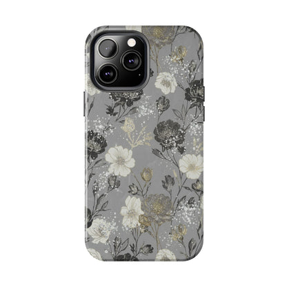 Floral Gray Tough Phone Case — Elegant Protective Phone Cover with Gold Accent