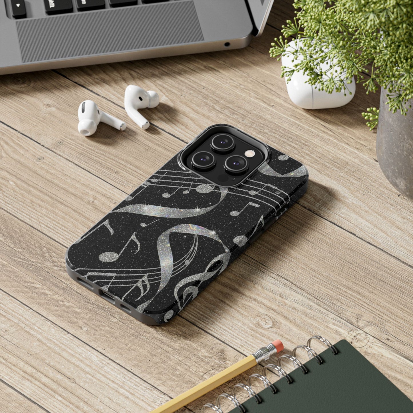 Musical Notes Tough Phone Case – Glitter Black Musician Phone Cover