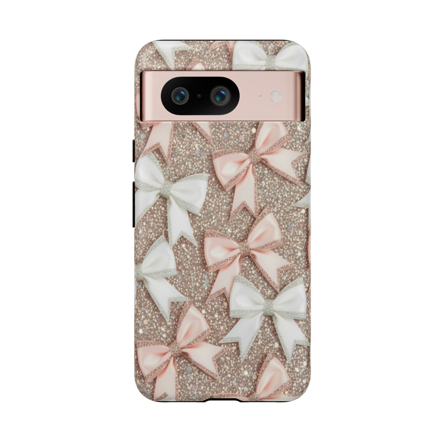 Glitter Bow Tough Phone Case — Pink & White Ribbon Protective Cover