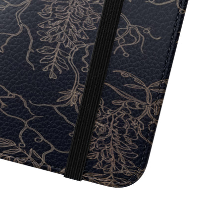 Botanical Noir Flip Phone Case — Dark Floral Wallet Cover with Card Slots