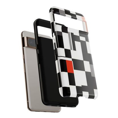 Abstract Geometric Phone Case – Black & White Checker Grid with Red Accent