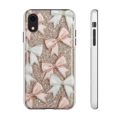 Glitter Bow Tough Phone Case — Pink & White Ribbon Protective Cover